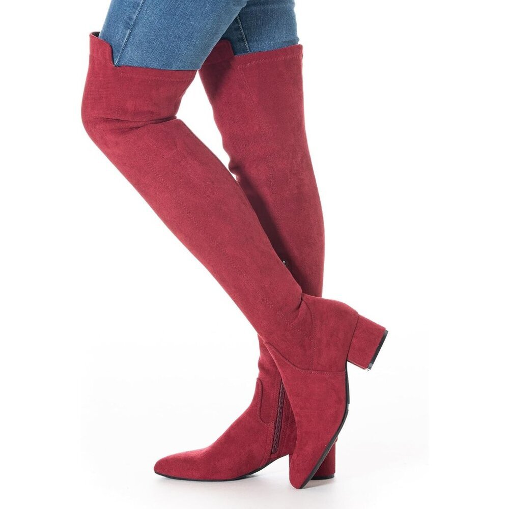 Women's Red Suede High Thigh Low Block Stylish Over-the-Knee Heel Boot - Picture 5 of 6